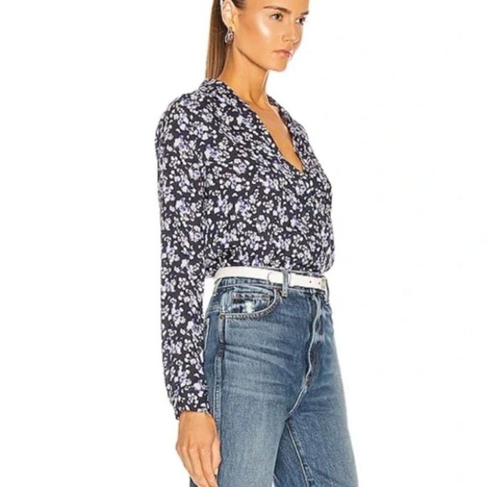 L'Agence Holly Floral Print Shirt In Navy Ivory Butterfly Floral Size XS